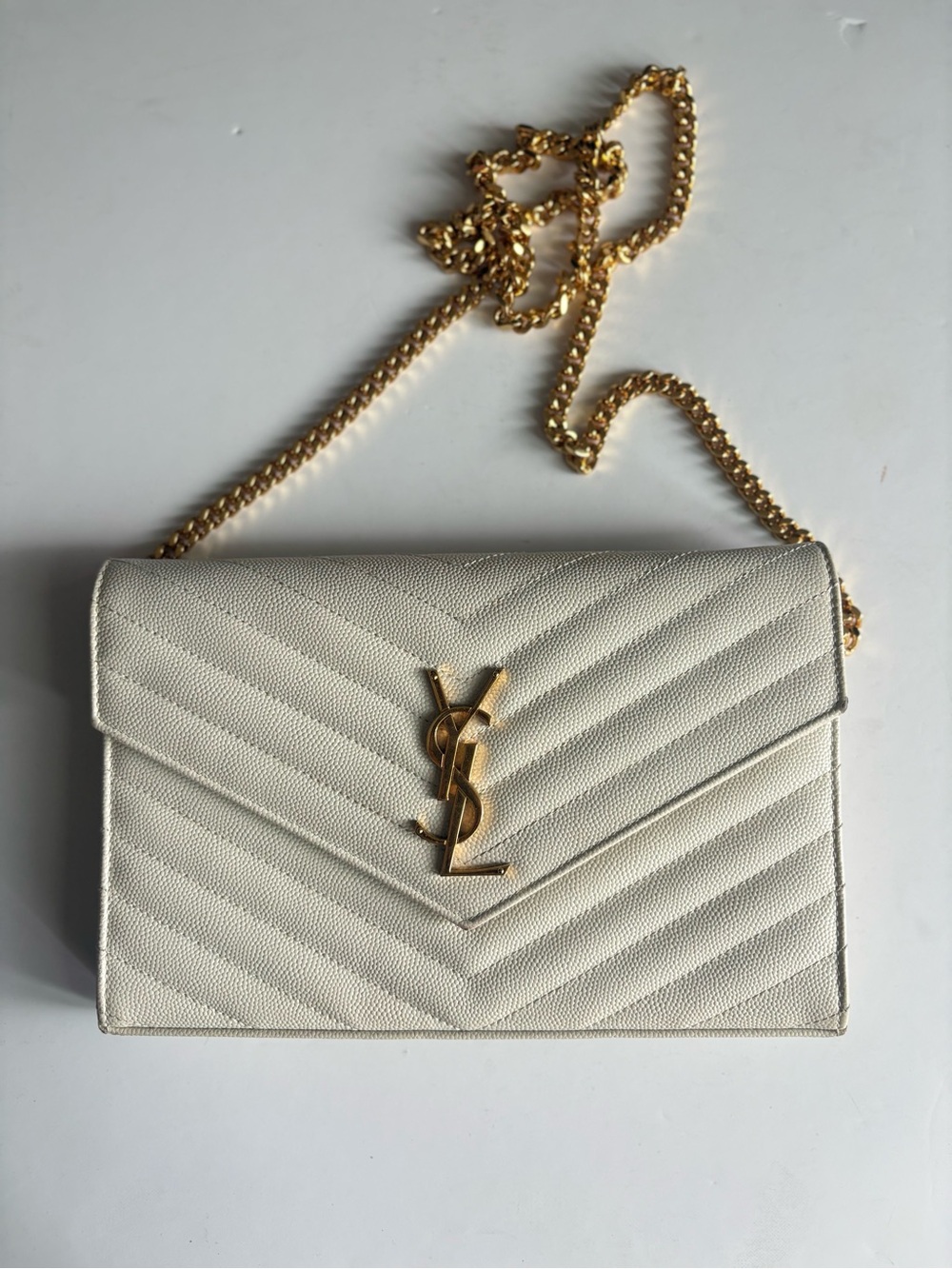 Yves Saint Laurent Cream Chevron Quilted Crossbody with Gold Chain and YSL Logo